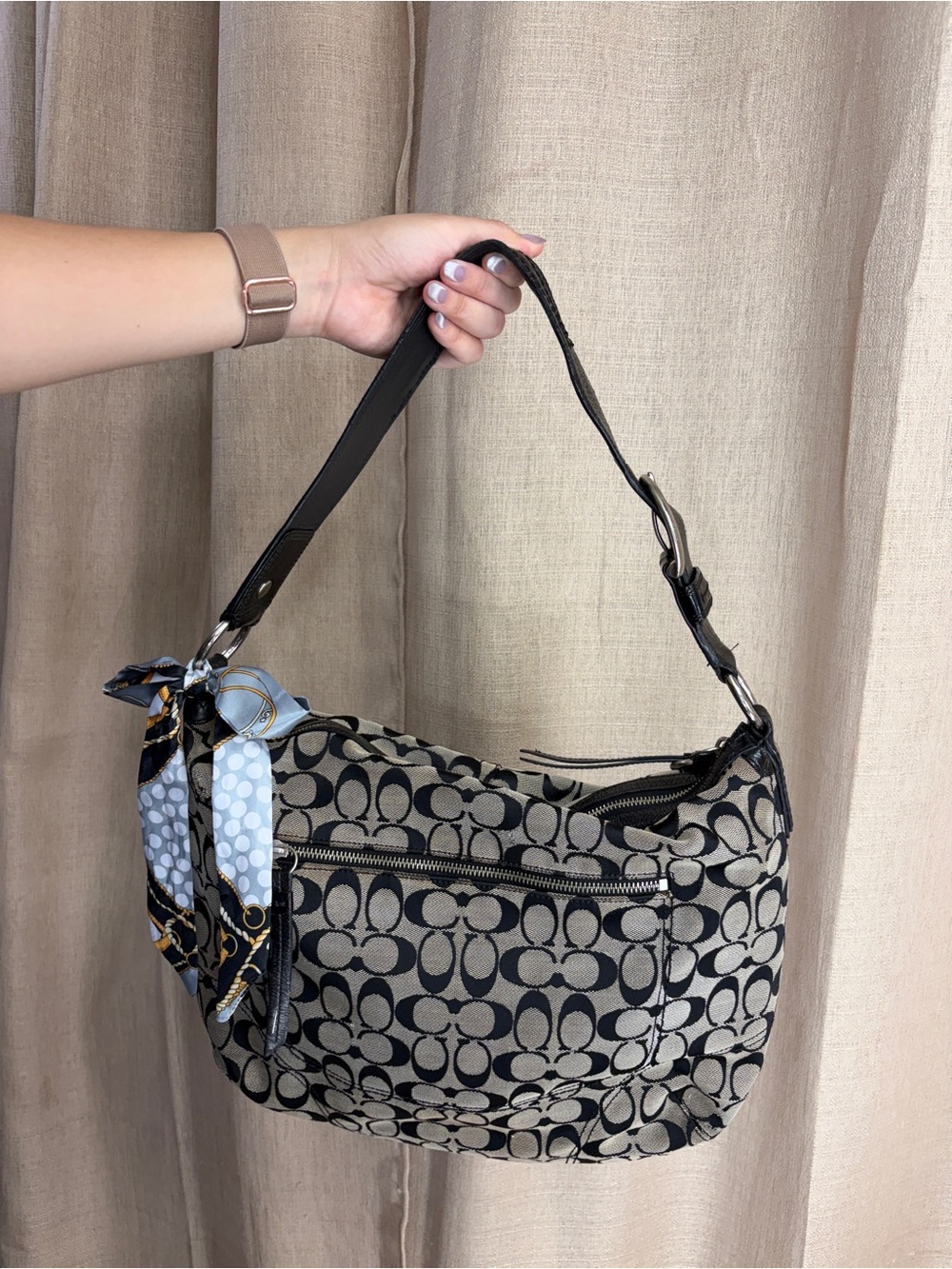 Coach Monogram Hobo Bag in Black & Cream with Scarf Accent